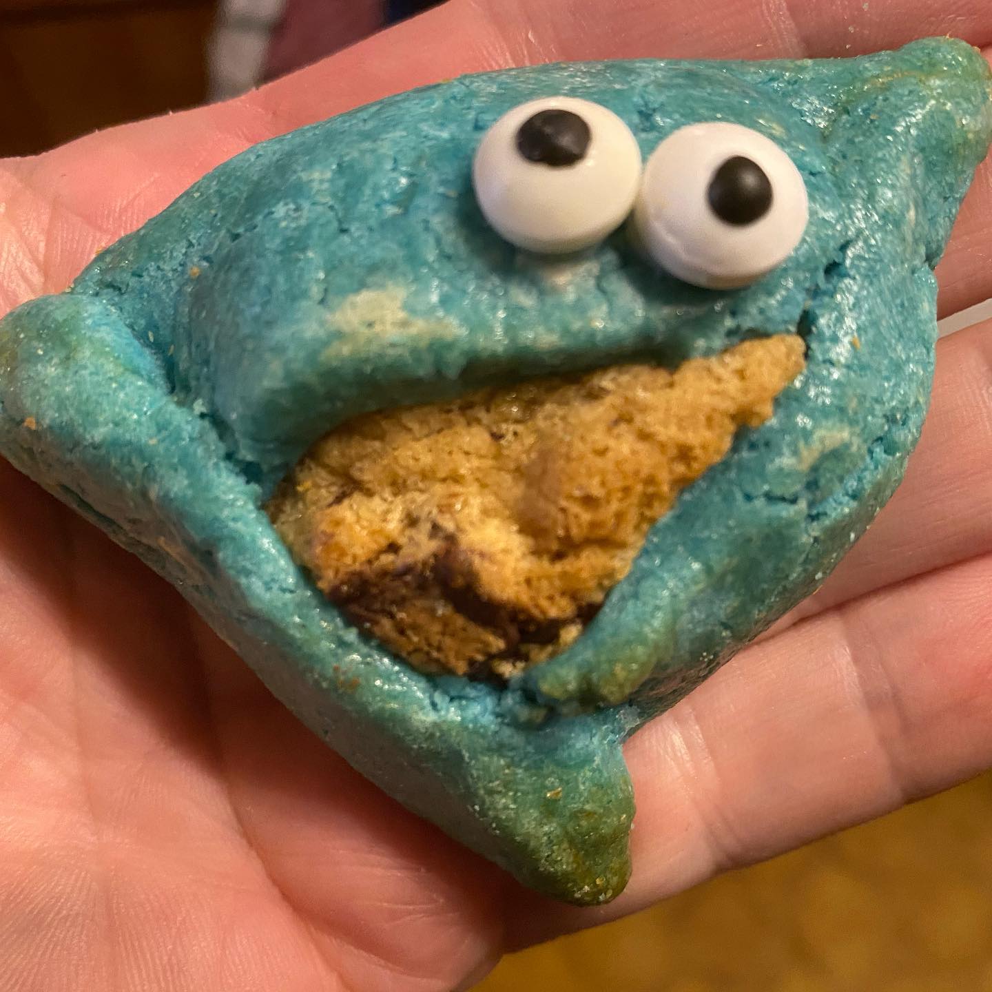 On nom nom nom nom!

Thank you, @sweetlybrooklyn. The package just arrived, no worse for the wear, and the Cookie Monster hamentashen were received with the glee I was hoping for. ð